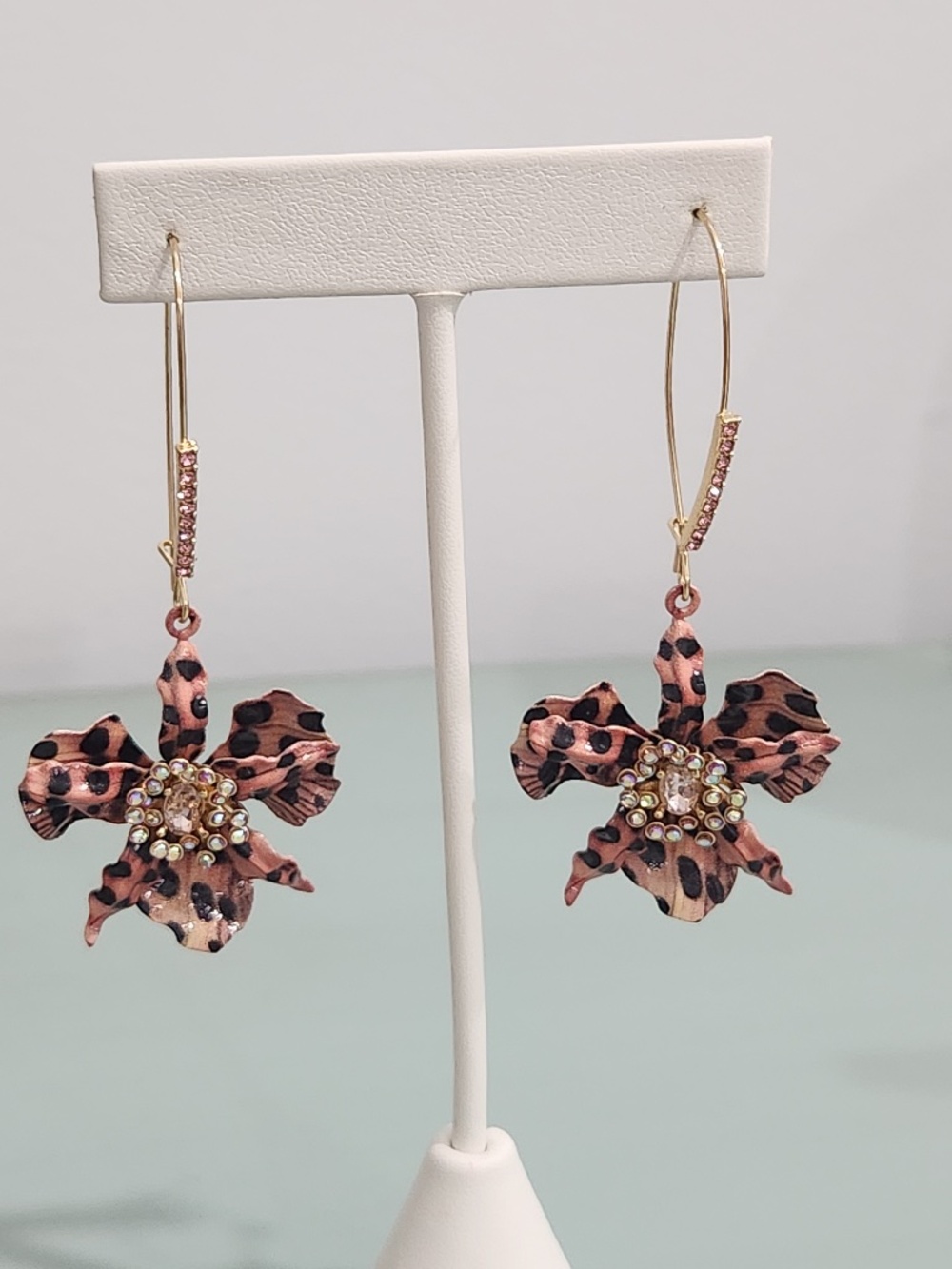 Betsey Johnson Leopard Printed Orchid Drop Earring, Gold Tone, Pave, Crystals